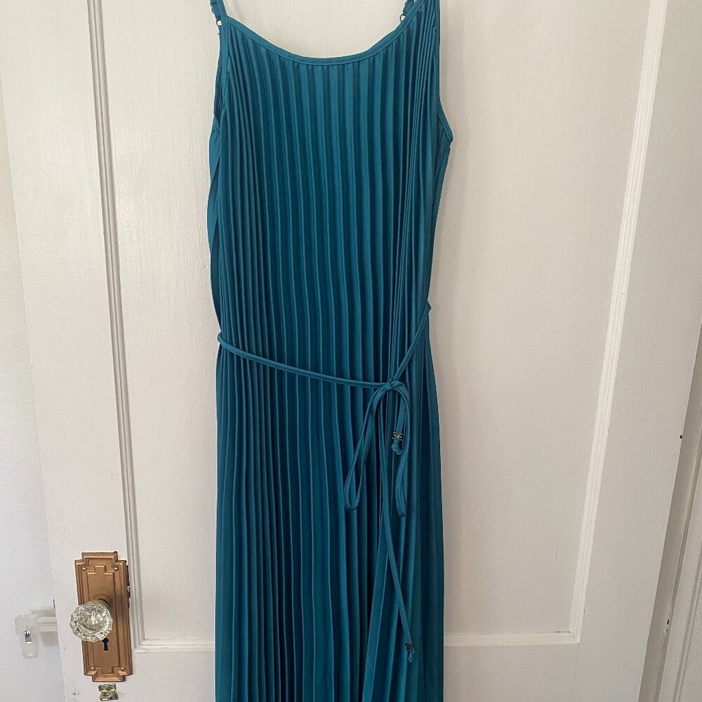 Sam Edelman Satin Plissé Tie Pleated Midi Dress Teal